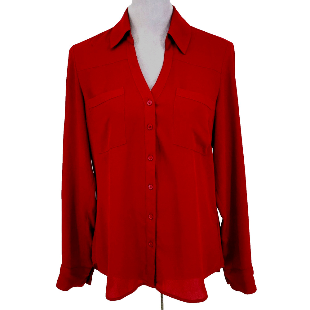Express Top Womens Small Burgundy The Portofino Shirt Chiffon Blouse Roll Tab Sl